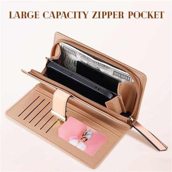 Women's Long Leaf Bifold Wallet Leather Card Holder Purse Zipper Buckle Clutch - Picture 5 of 6